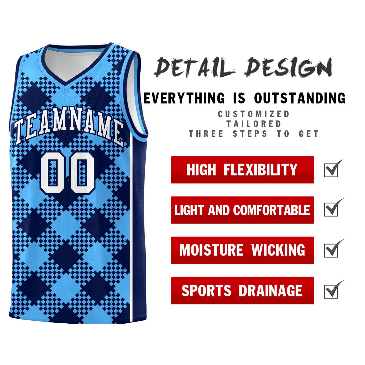 Personalized Powder Blue Navy-White Grid Basketball Kits