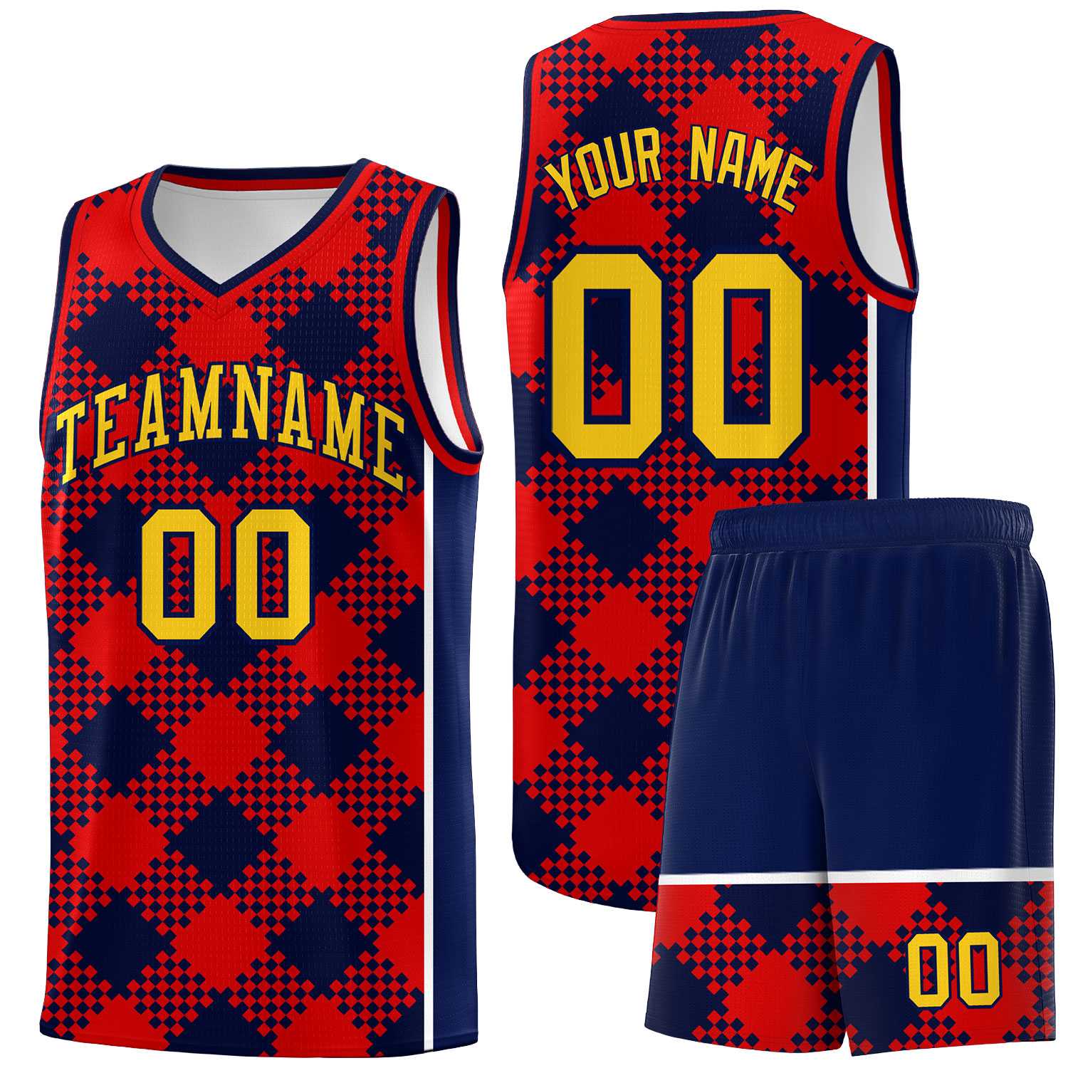 Personalized Navy Red-White Grid Basketball Kits