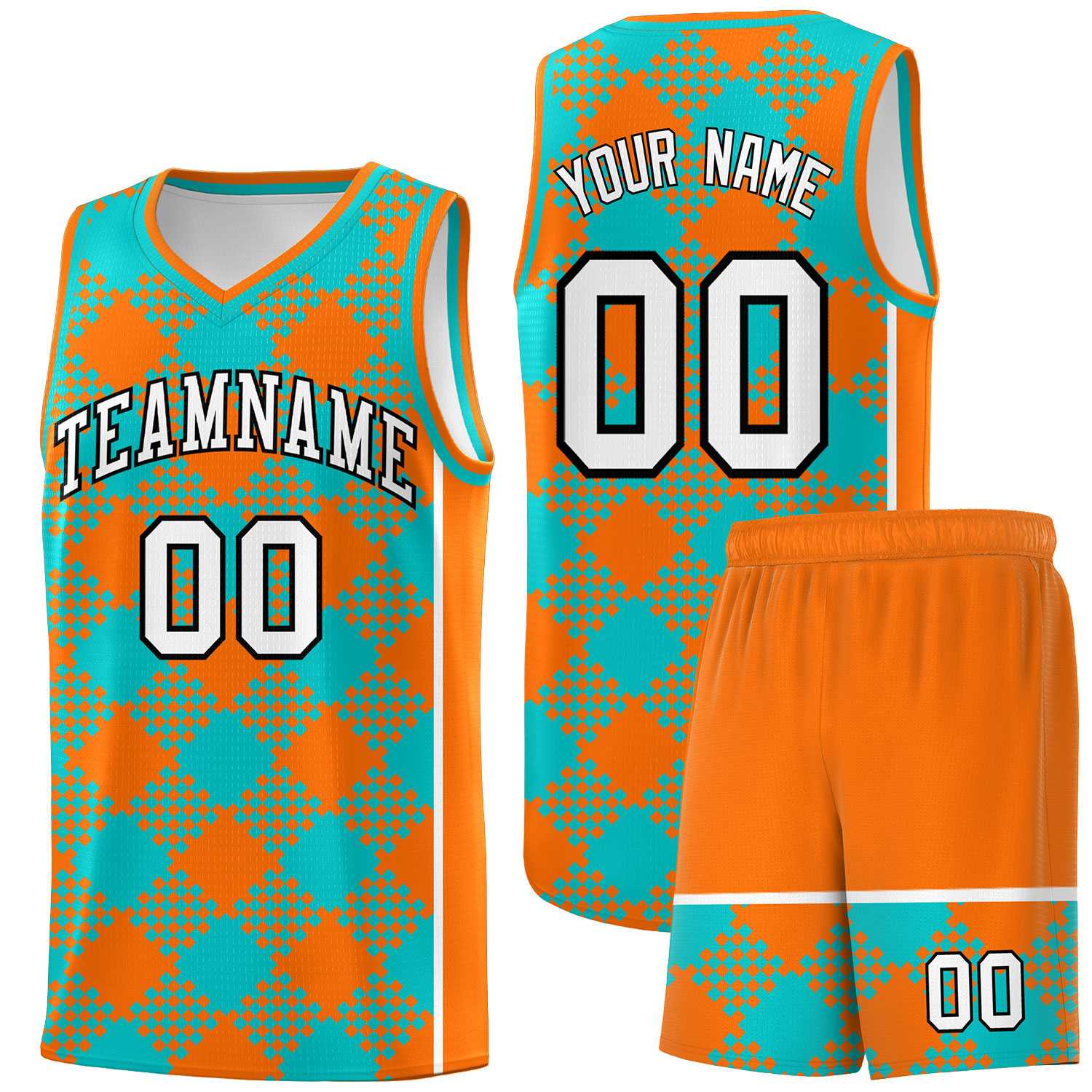 Personalized Aqua Orange-White Grid Basketball Kits