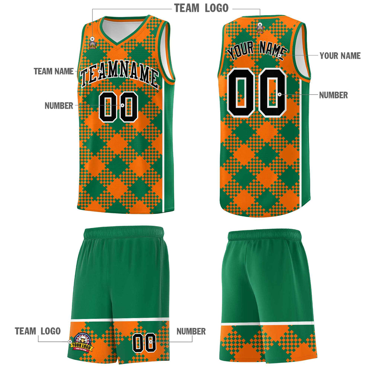 Personalized Orange Kelly Green-White Grid Basketball Kits