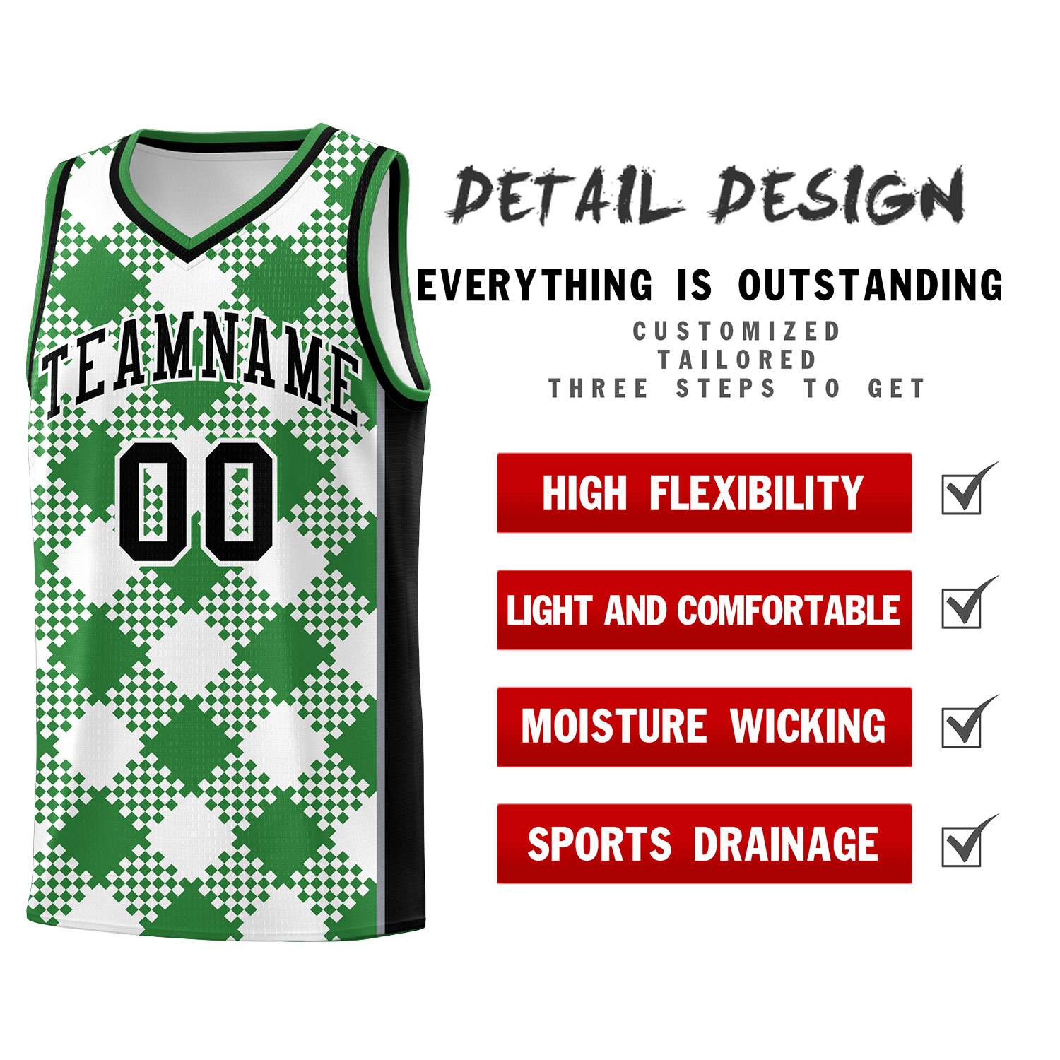 Personalized White Kelly Green-Gray Grid Basketball Kits