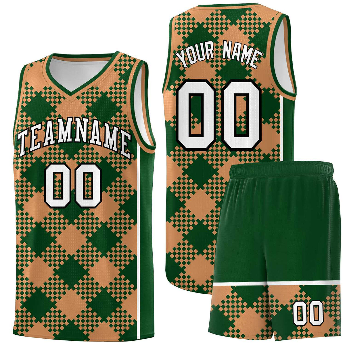 Personalized Green Buckskin Brown-White Grid Basketball Kits
