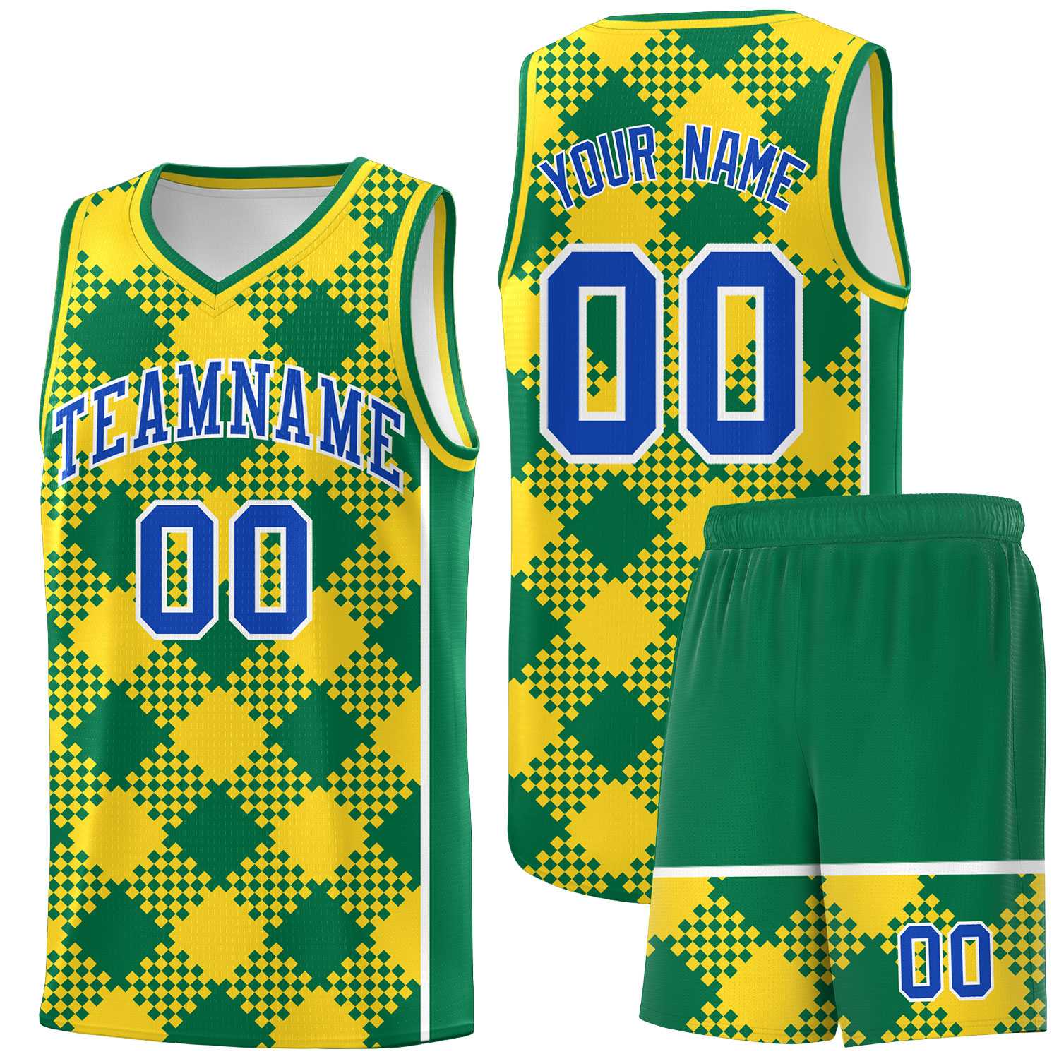 Personalized Gold Kelly Green-White Grid Basketball Kits