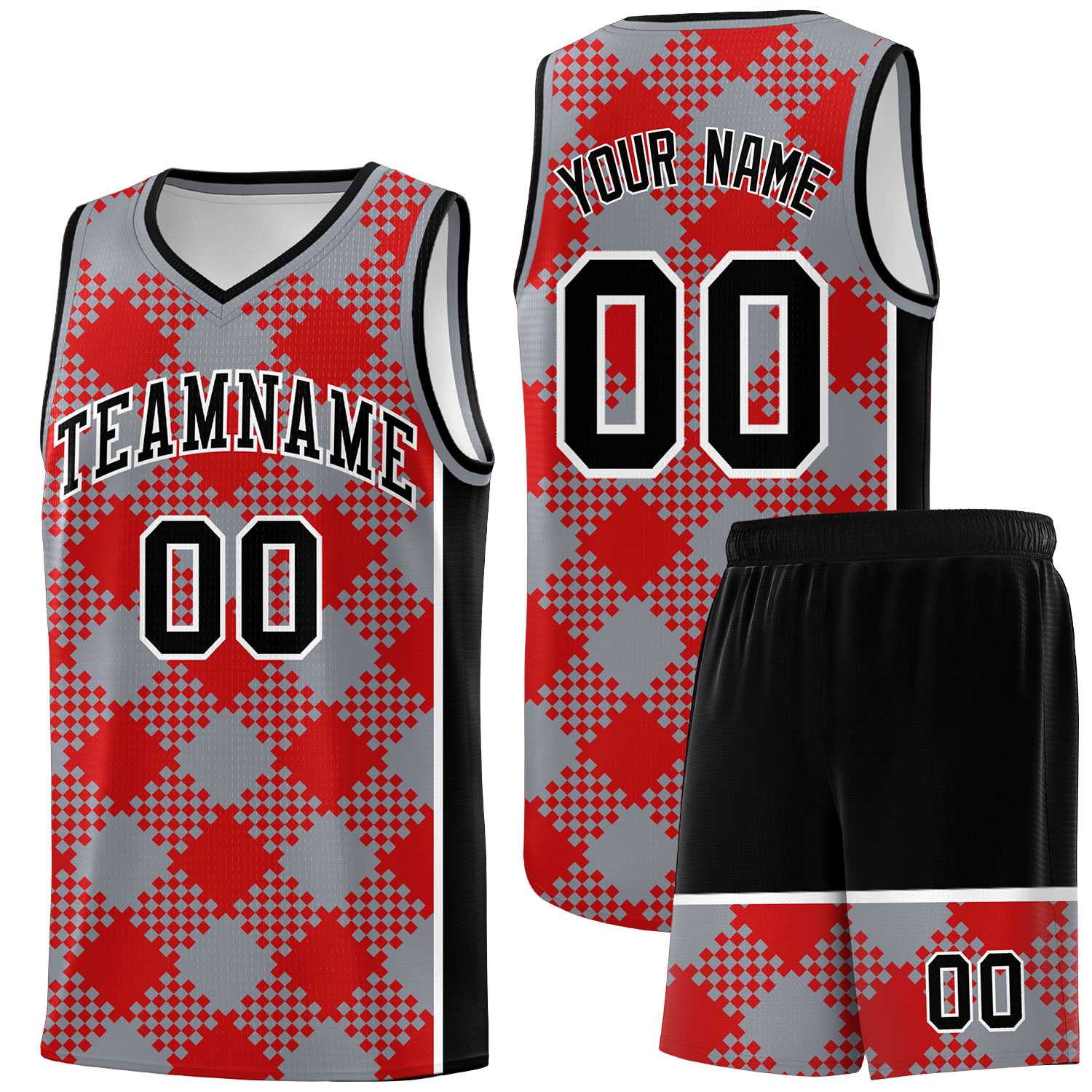 Personalized Gray Red-White Grid Basketball Kits