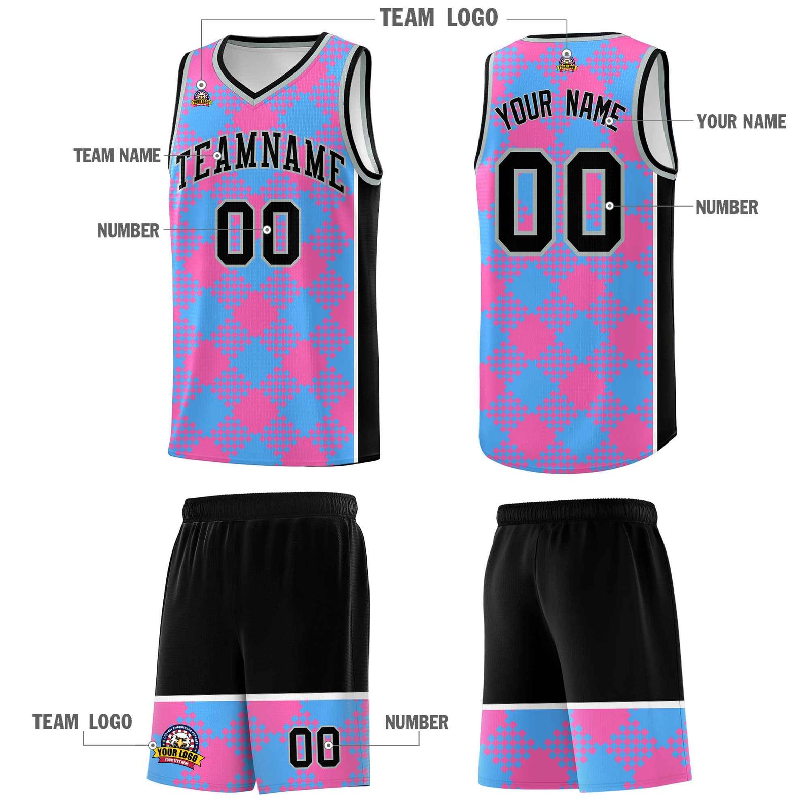 Personalized Powder Blue Pink-White Grid Basketball Kits