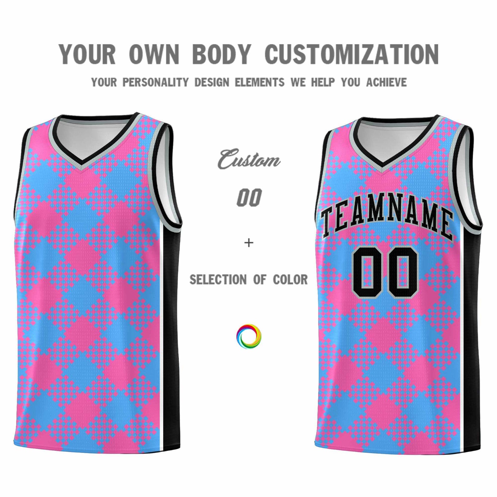 Personalized Powder Blue Pink-White Grid Basketball Kits