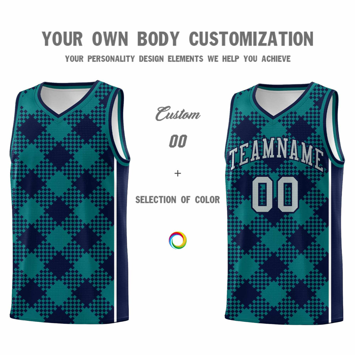 Personalized Teal Navy-White Grid Basketball Kits