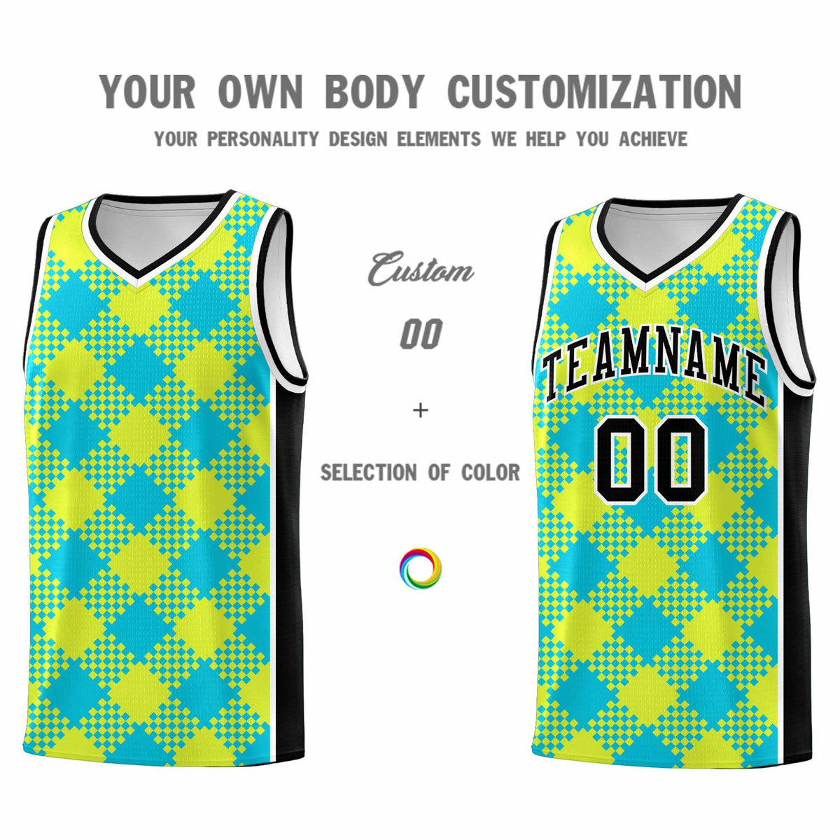 Personalized Sky Blue Fluorescent Green-White Grid Basketball Kits