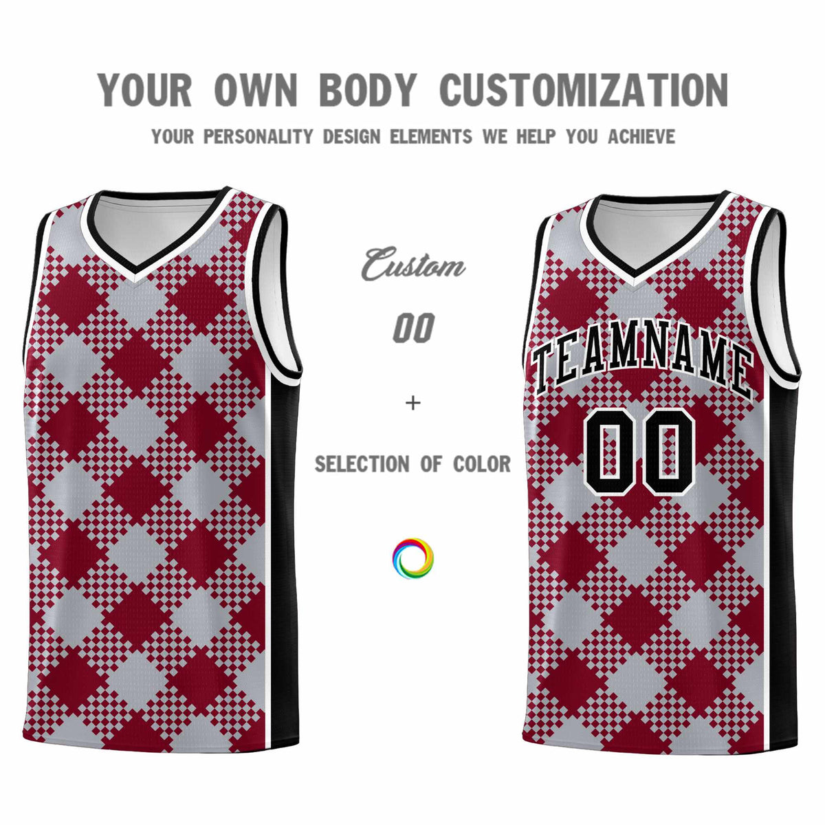 Personalized Gray Crimson-White Grid Basketball Kits