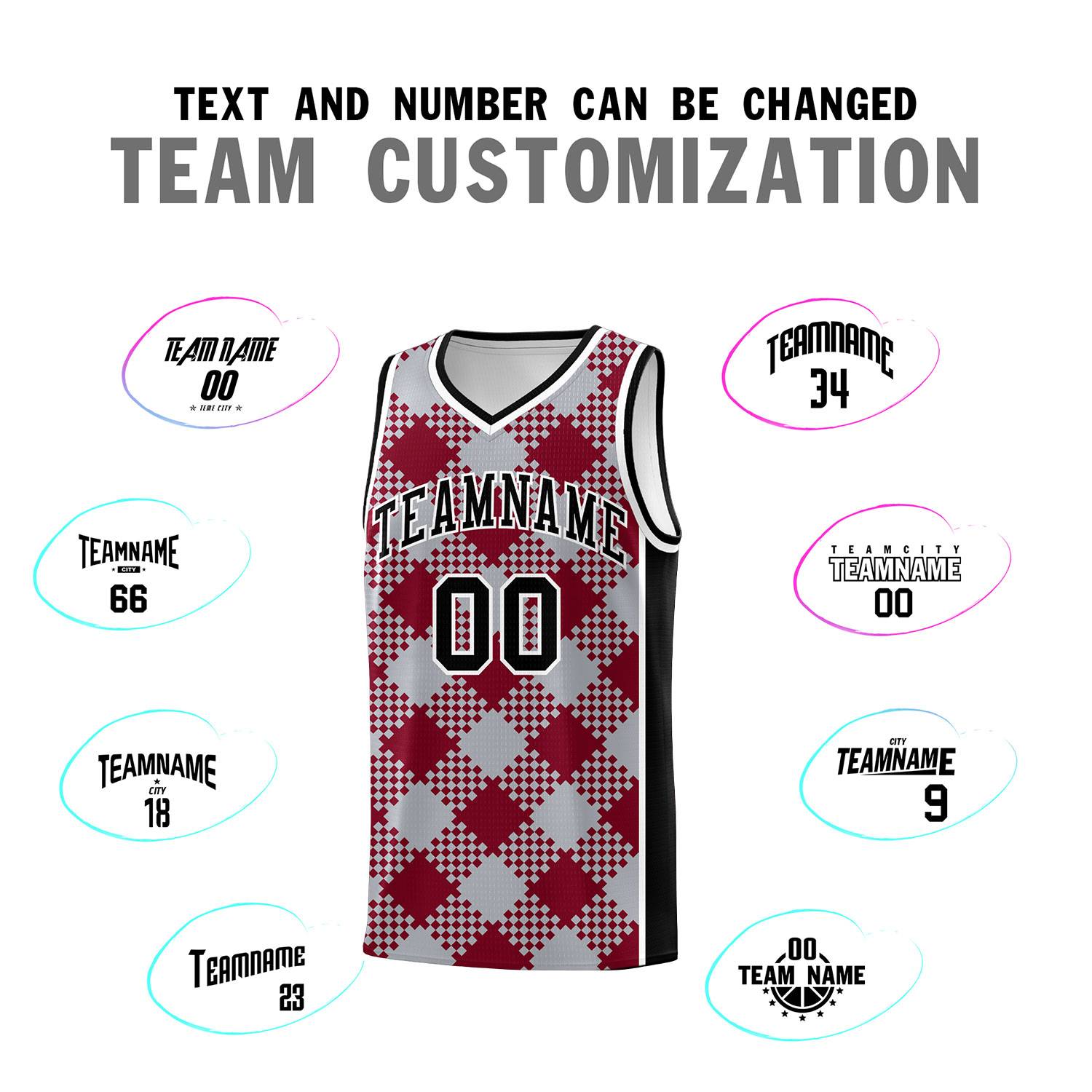 Personalized Gray Crimson-White Grid Basketball Kits