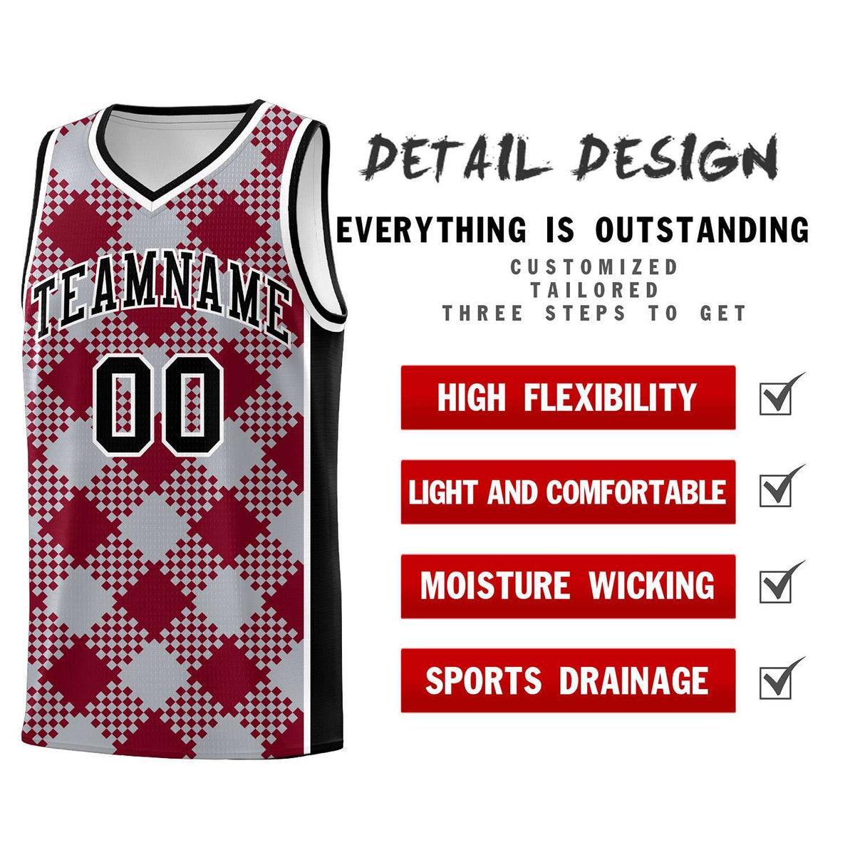 Personalized Gray Crimson-White Grid Basketball Kits