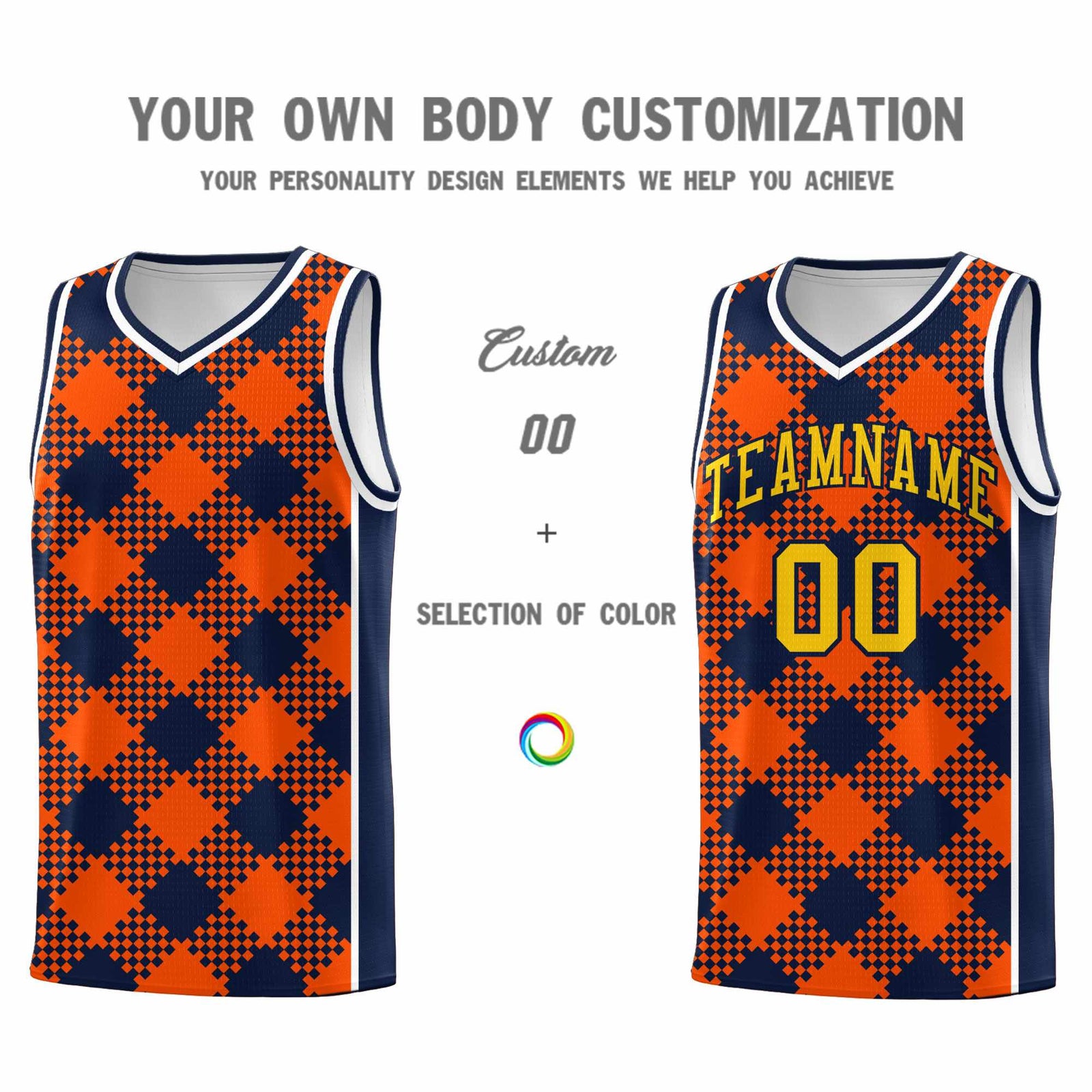 Personalized Orange Navy-White Grid Basketball Kits