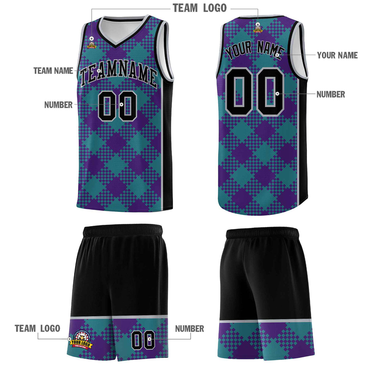 Personalized Purple Teal-Gray Grid Basketball Kits