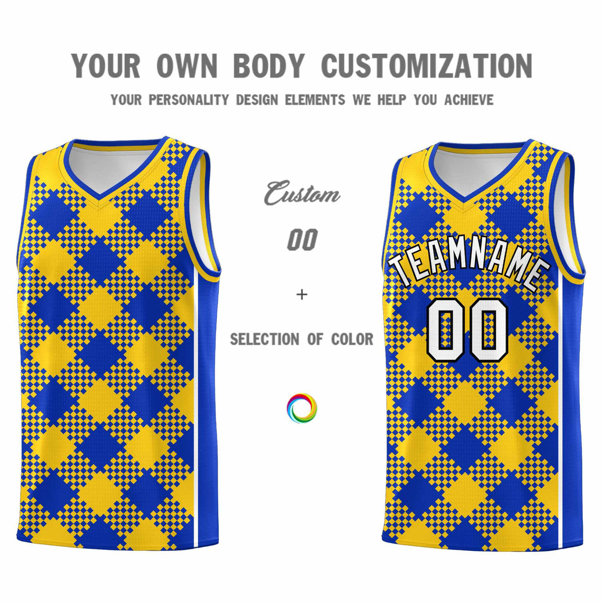 Personalized Royal Gold-White Grid Basketball Kits
