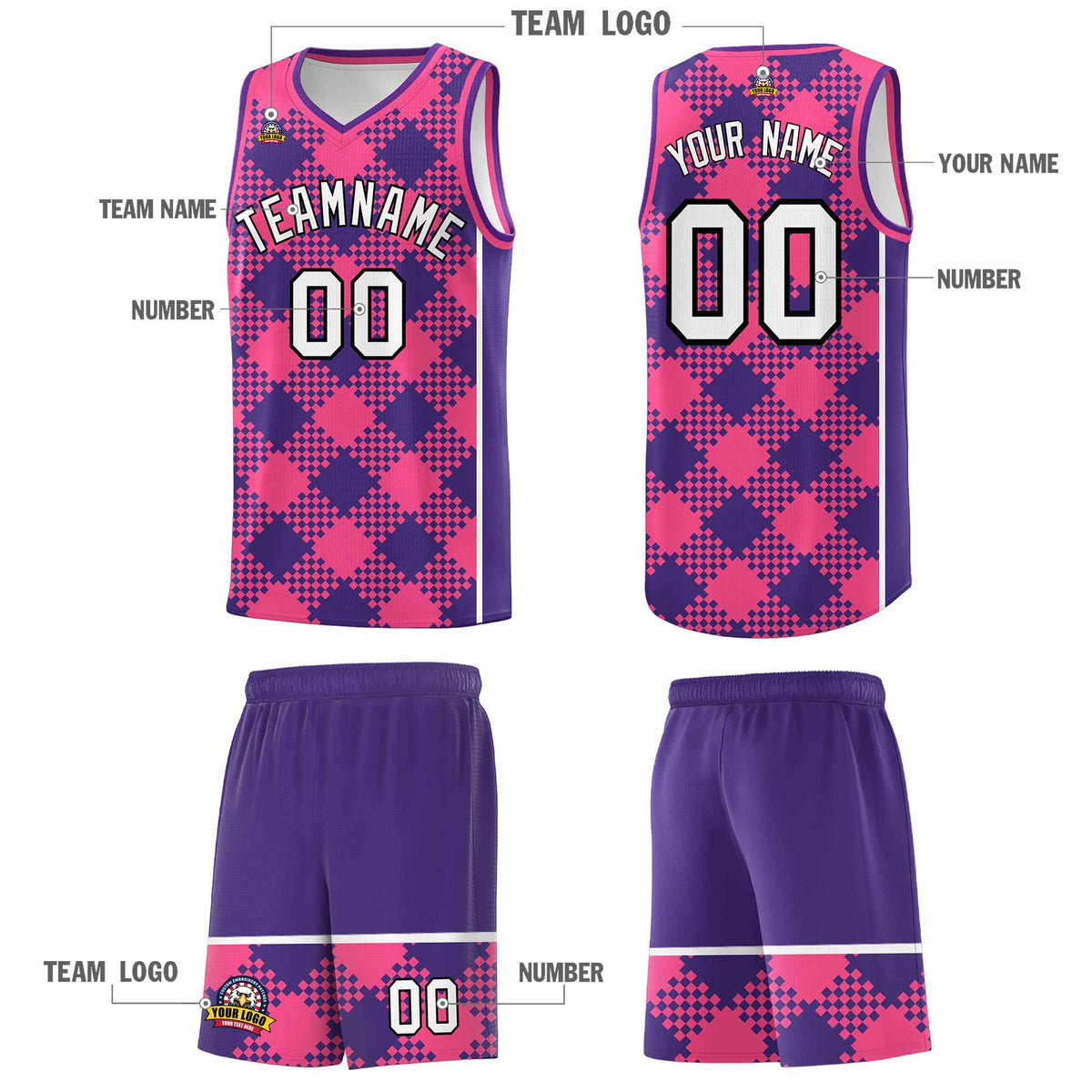 Personalized Purple Pink-White Grid Basketball Kits