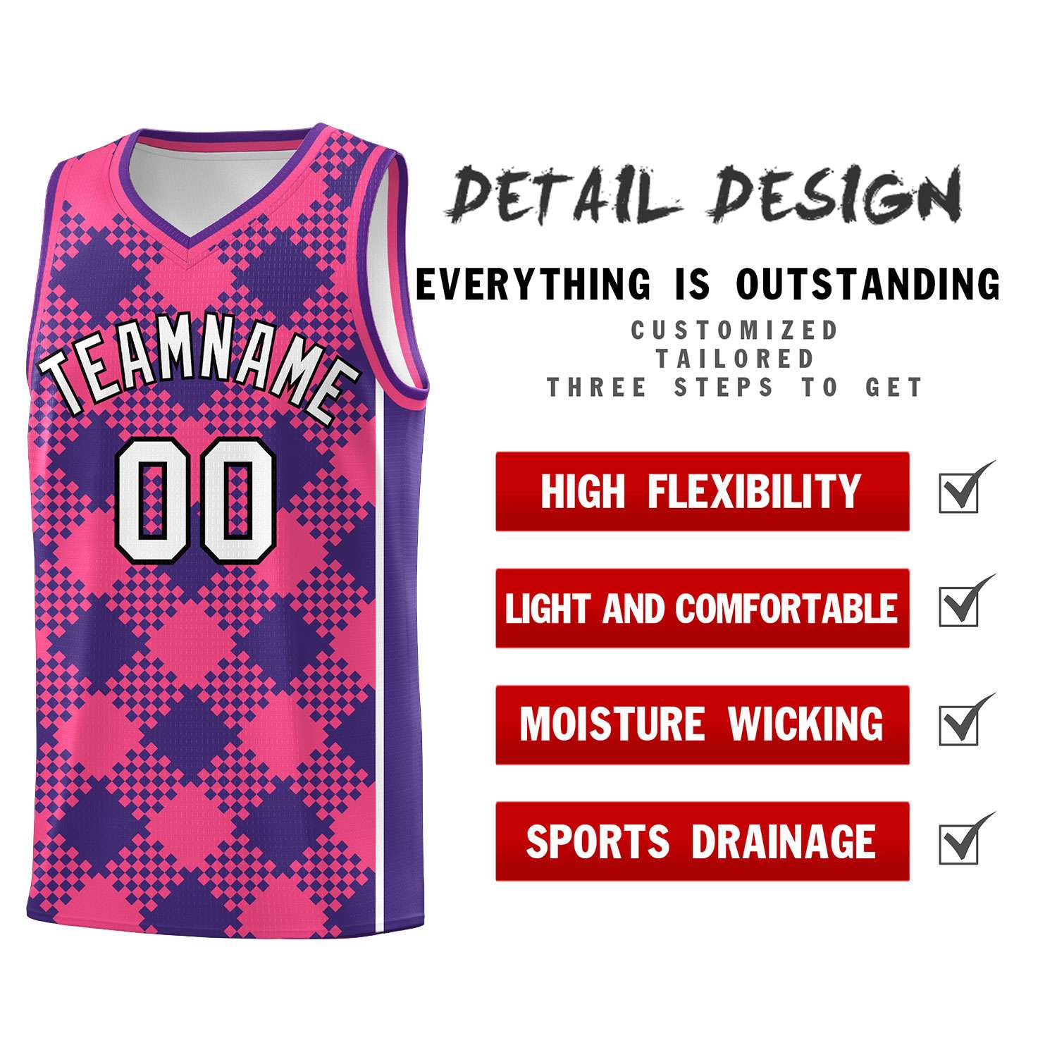 Personalized Purple Pink-White Grid Basketball Kits