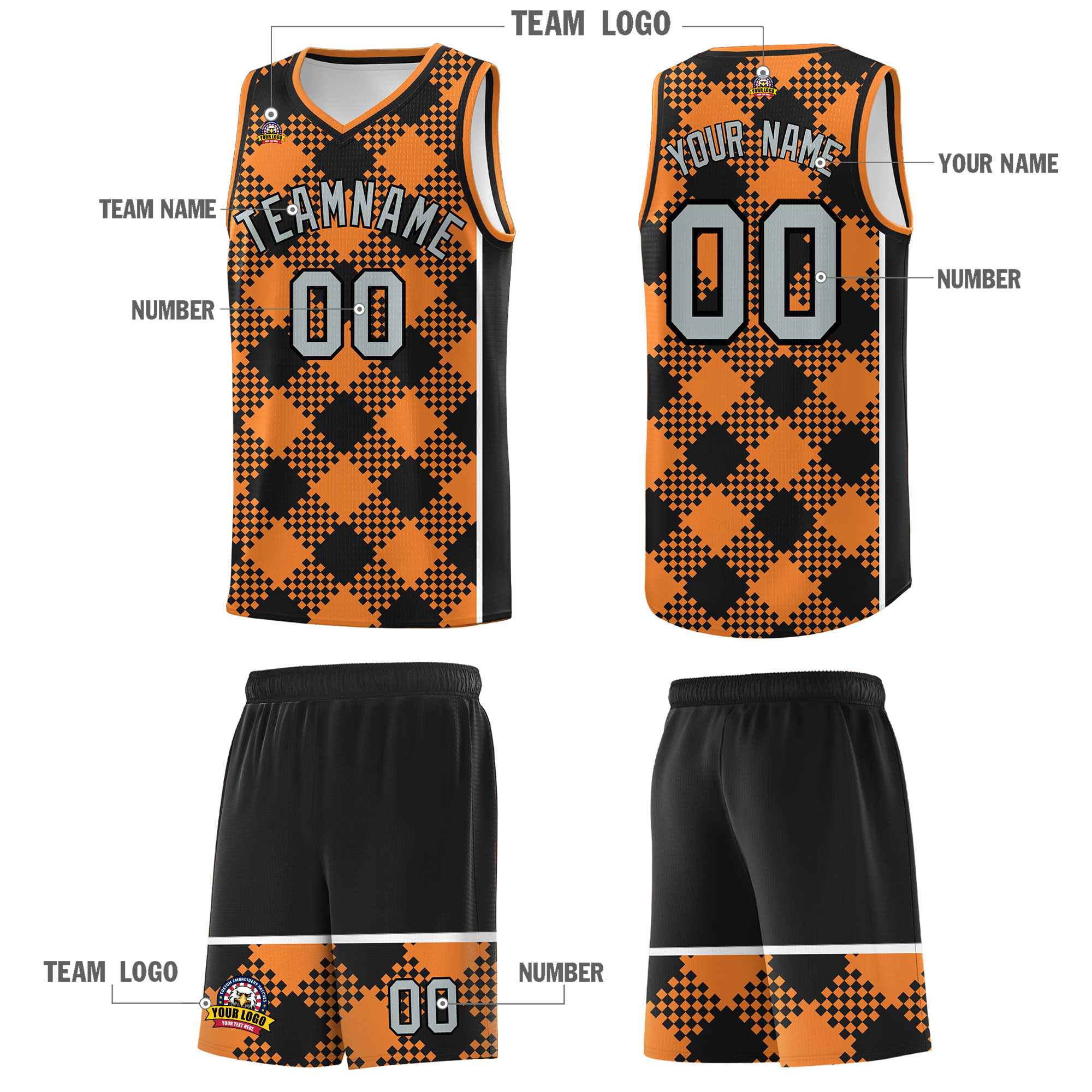 Personalized Gold Orange Black-White Grid Basketball Kits
