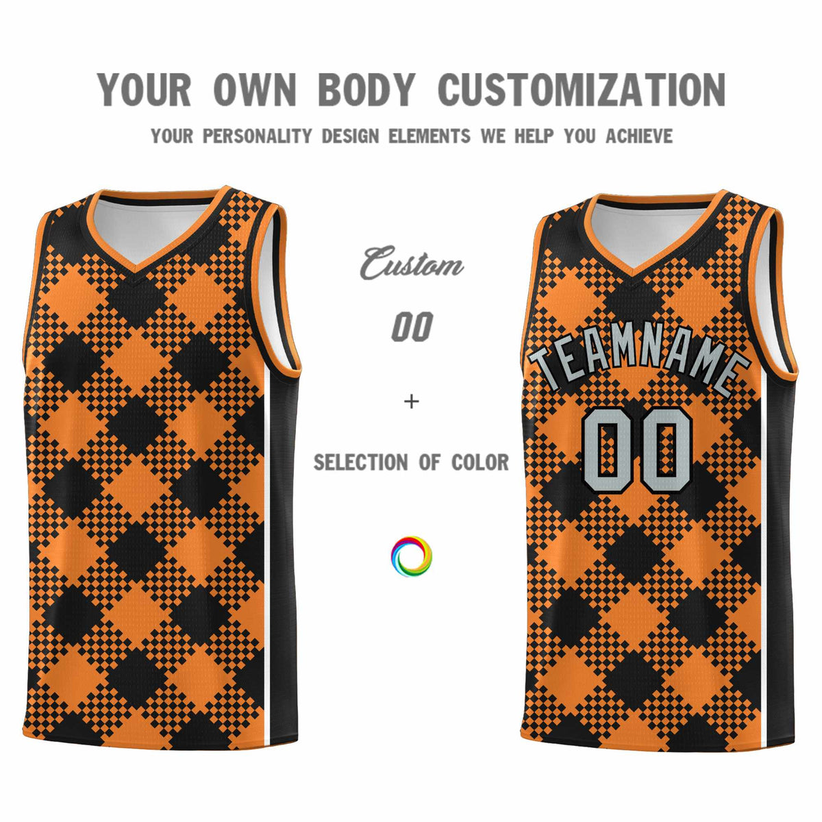 Personalized Gold Orange Black-White Grid Basketball Kits