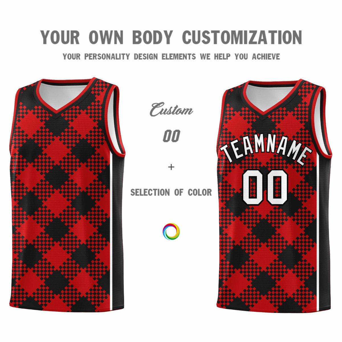 Personalized Red Black-White Grid Basketball Kits