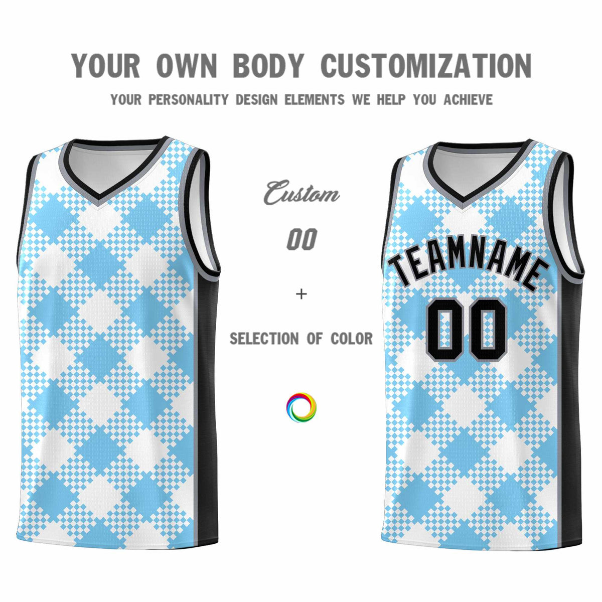 Personalized Light Blue White-Black Grid Basketball Kits