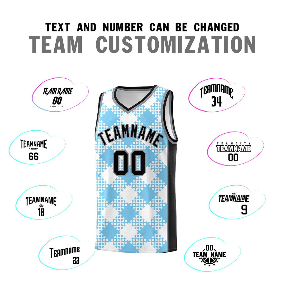Personalized Light Blue White-Black Grid Basketball Kits