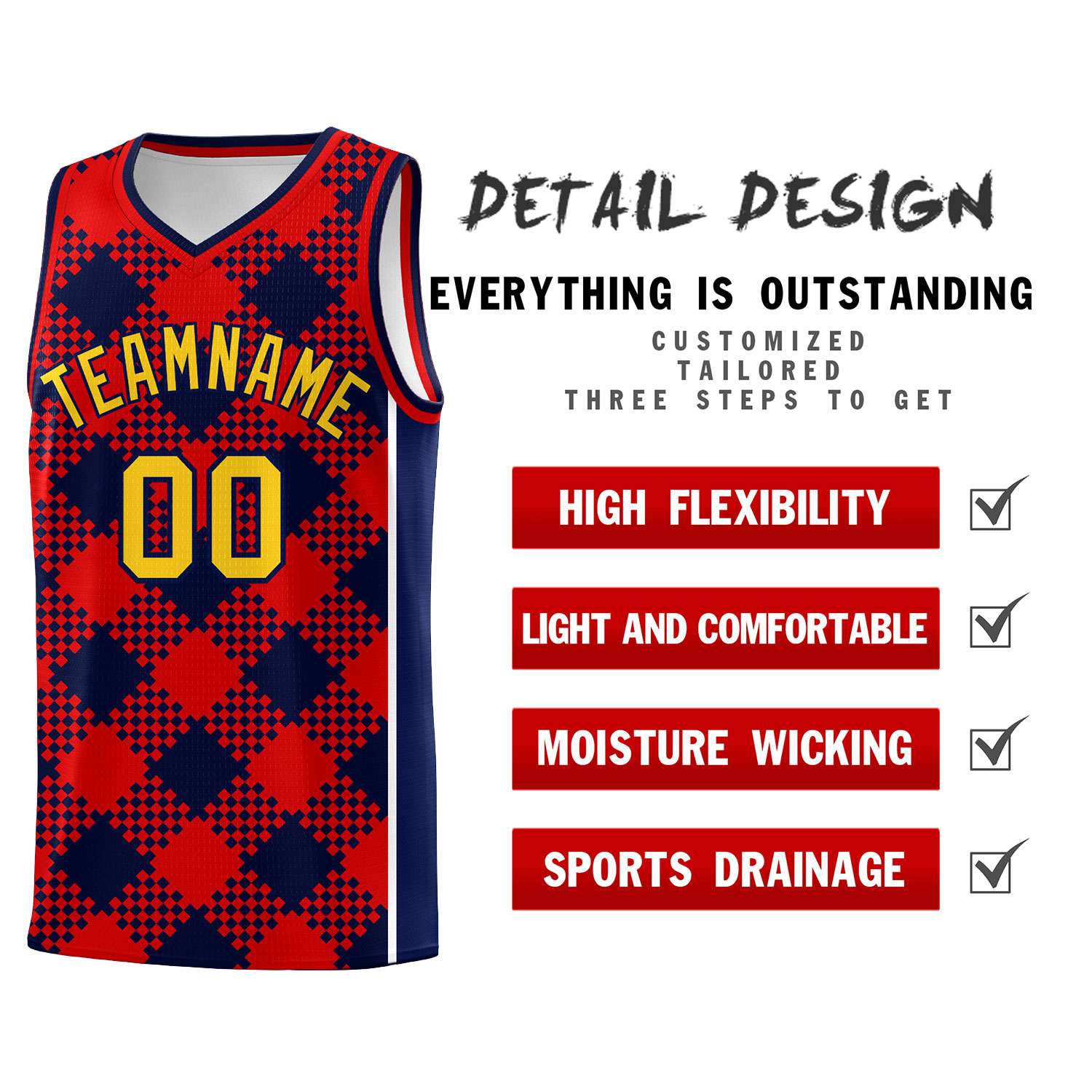 Personalized Navy Red-White Grid Basketball Kits