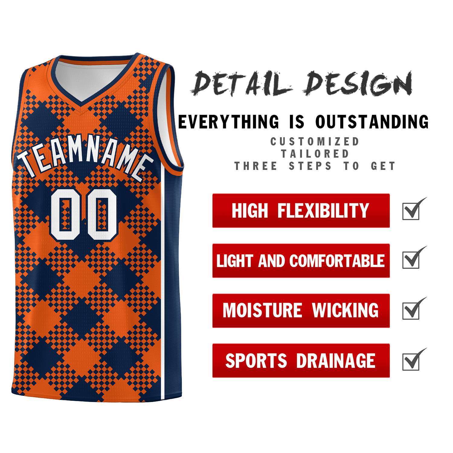Personalized Navy Orange-White Grid Basketball Kits