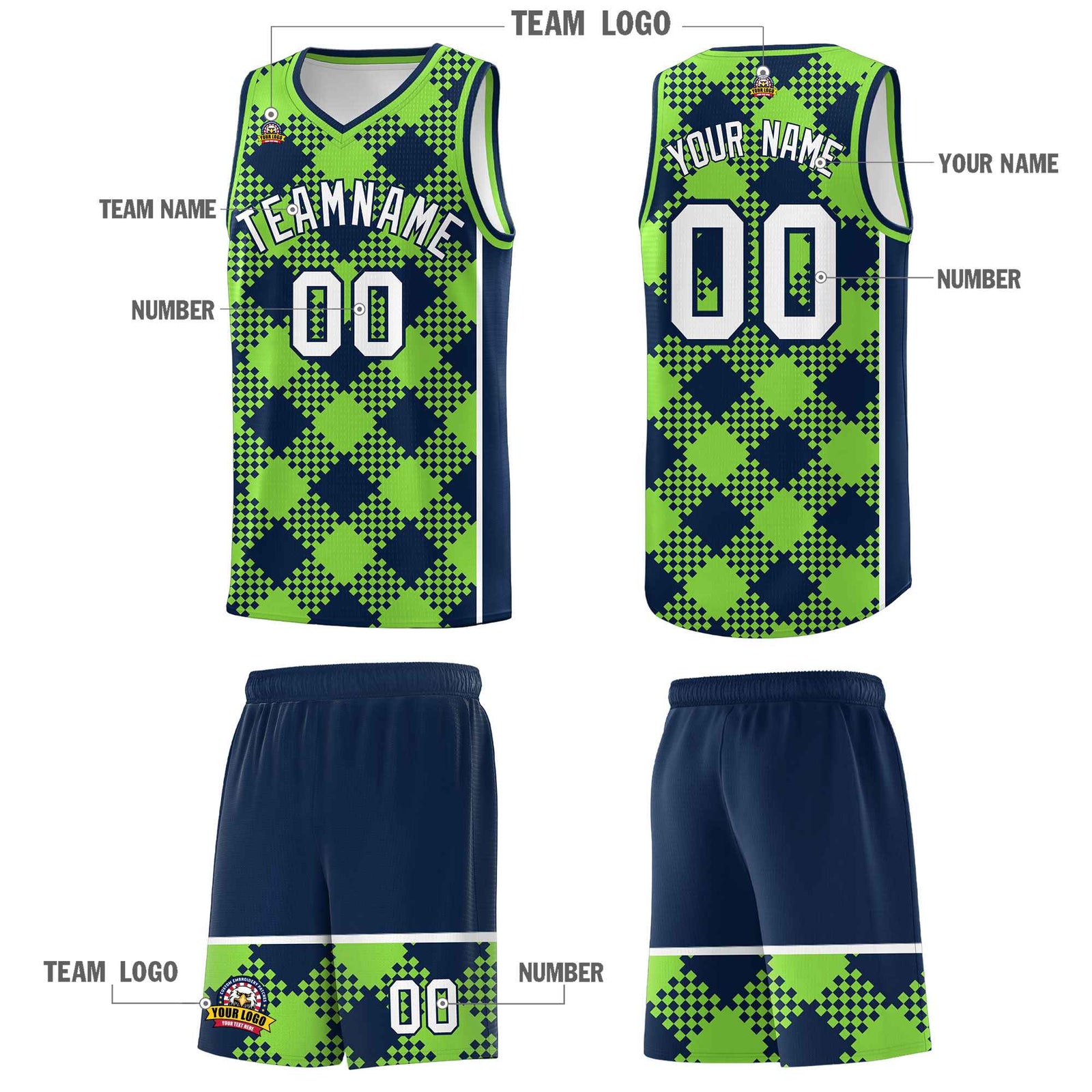 Personalized Fluorescent Green Navy-White Grid Basketball Kits