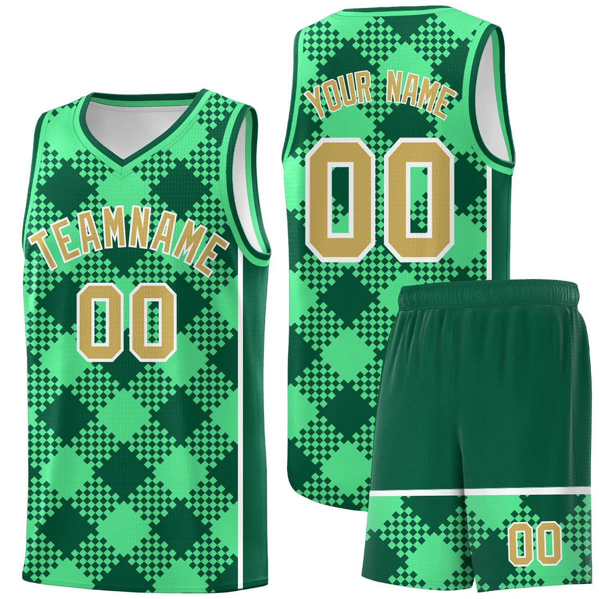 Personalized Green Kelly Green-White Grid Basketball Kits