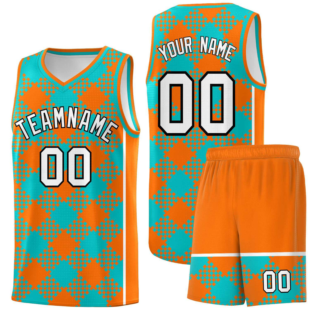 Personalized Aqua Orange-White Grid Basketball Kits
