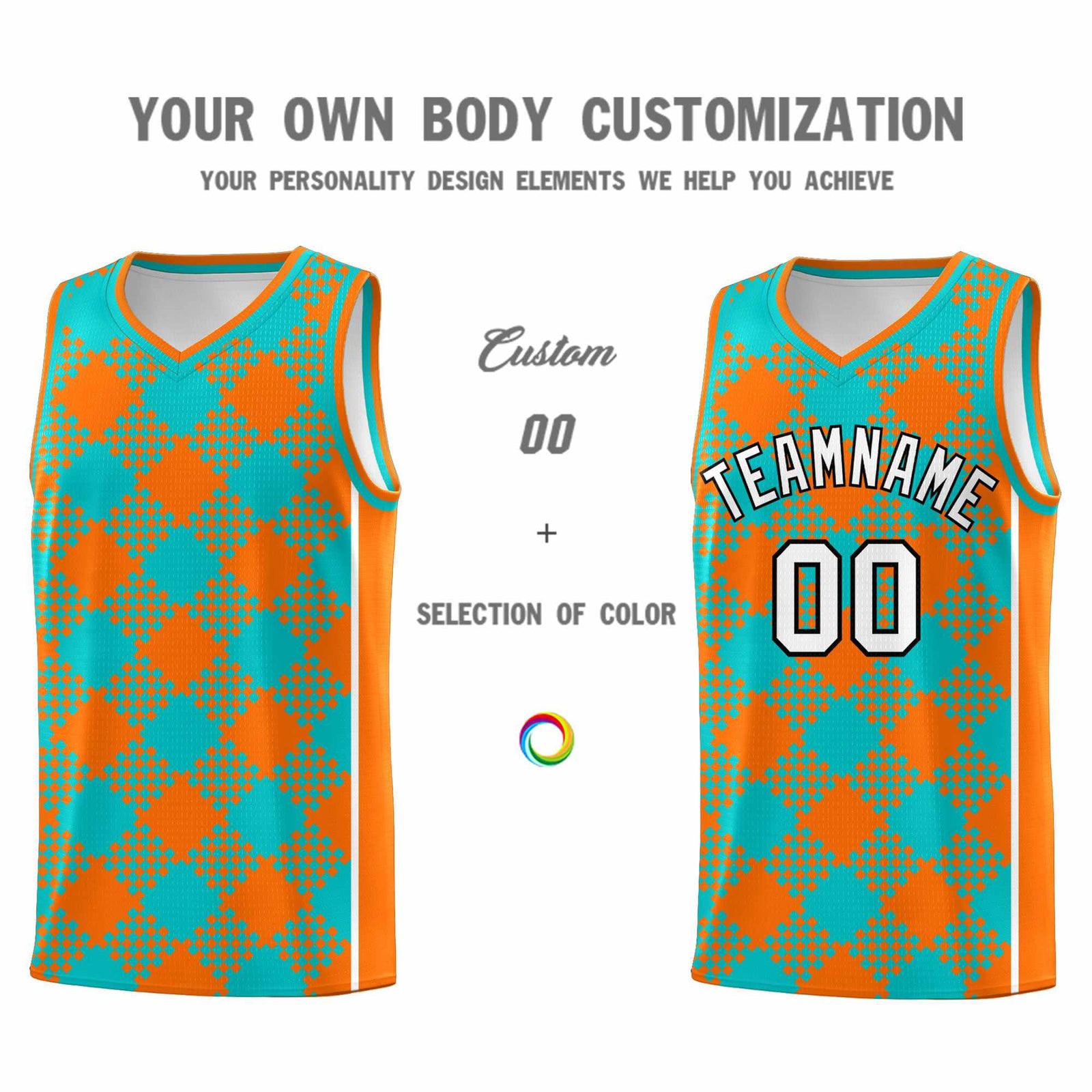 Personalized Aqua Orange-White Grid Basketball Kits