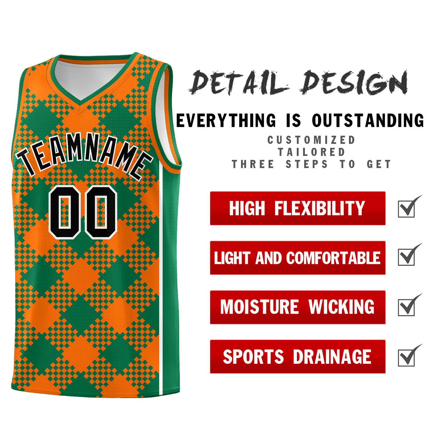 Personalized Orange Kelly Green-White Grid Basketball Kits