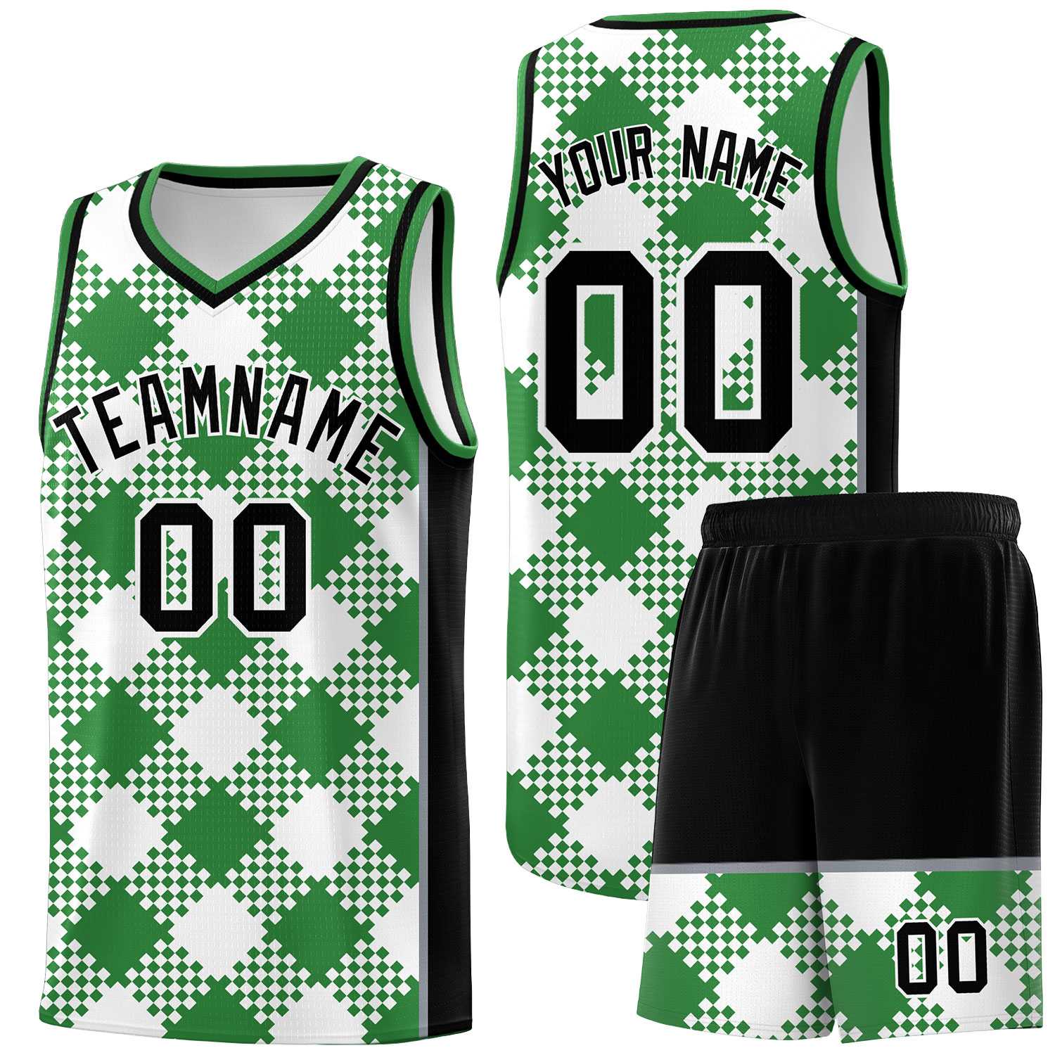 Personalized White Kelly Green-Gray Grid Basketball Kits