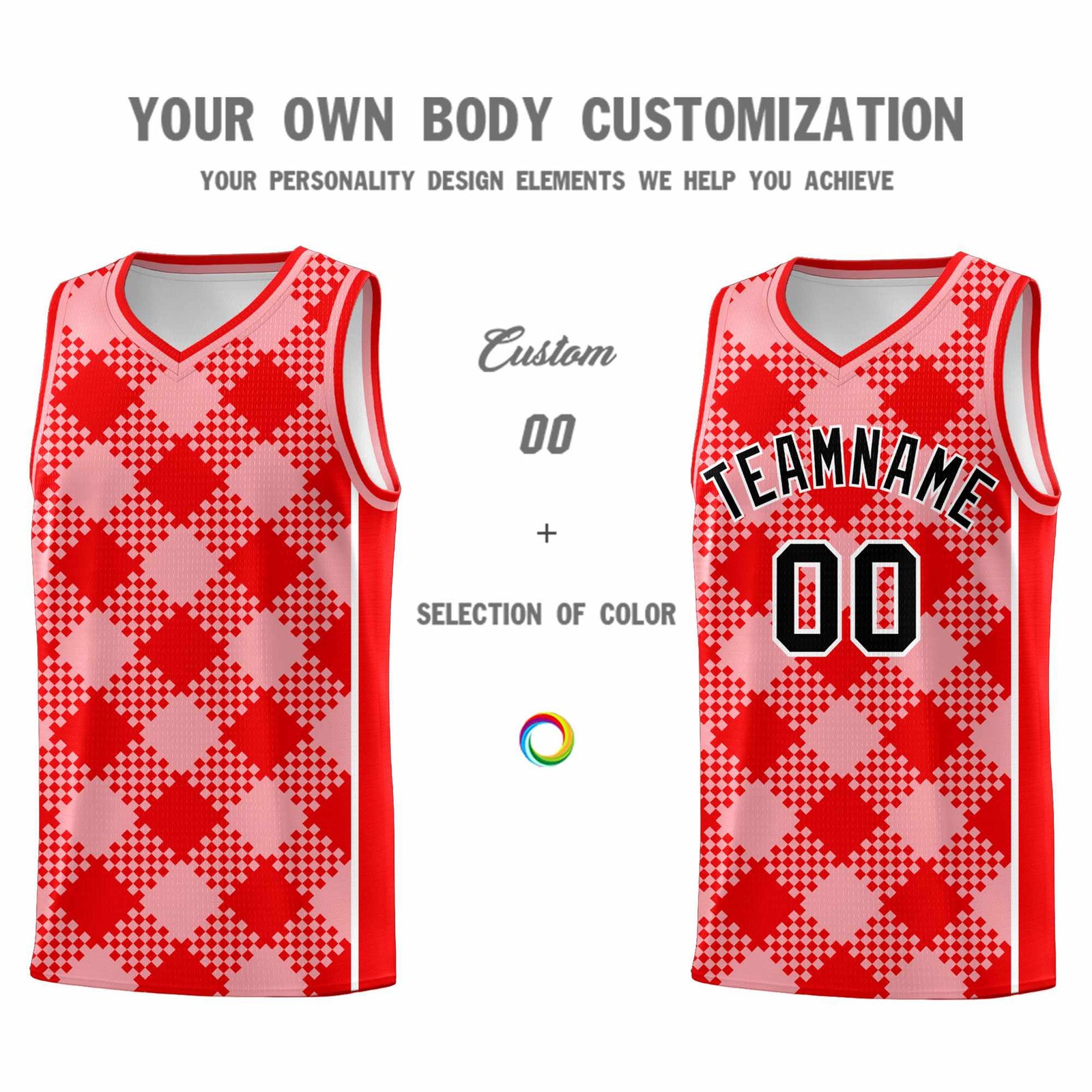 Personalized Light Pink Light Red-White Grid Basketball Kits