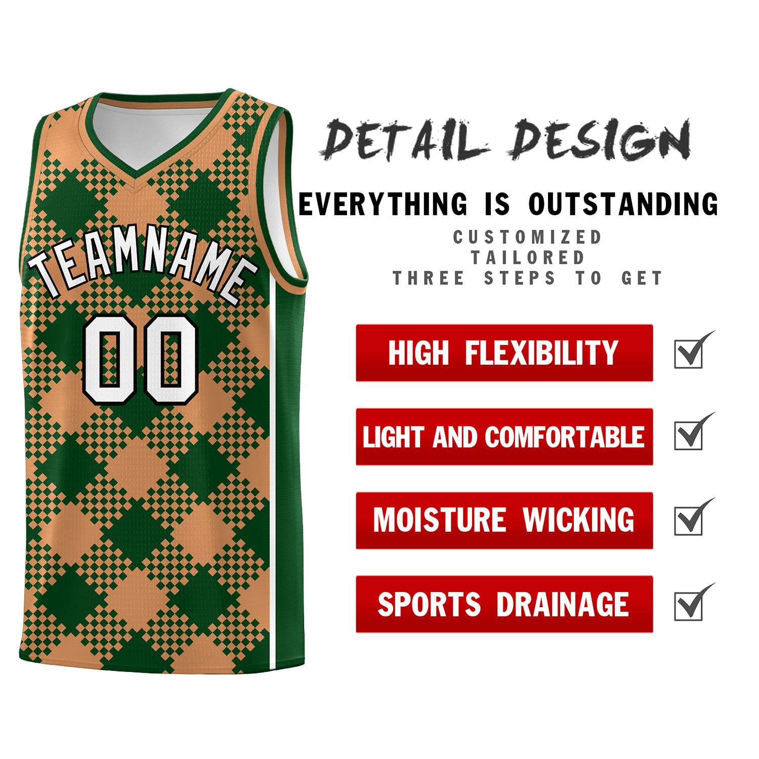 Personalized Green Buckskin Brown-White Grid Basketball Kits