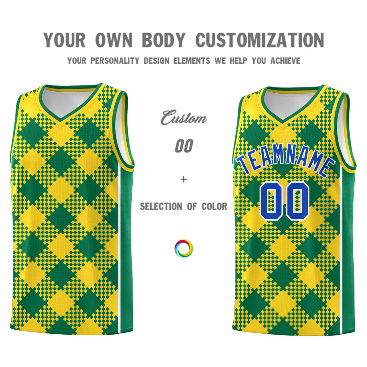 Personalized Gold Kelly Green-White Grid Basketball Kits