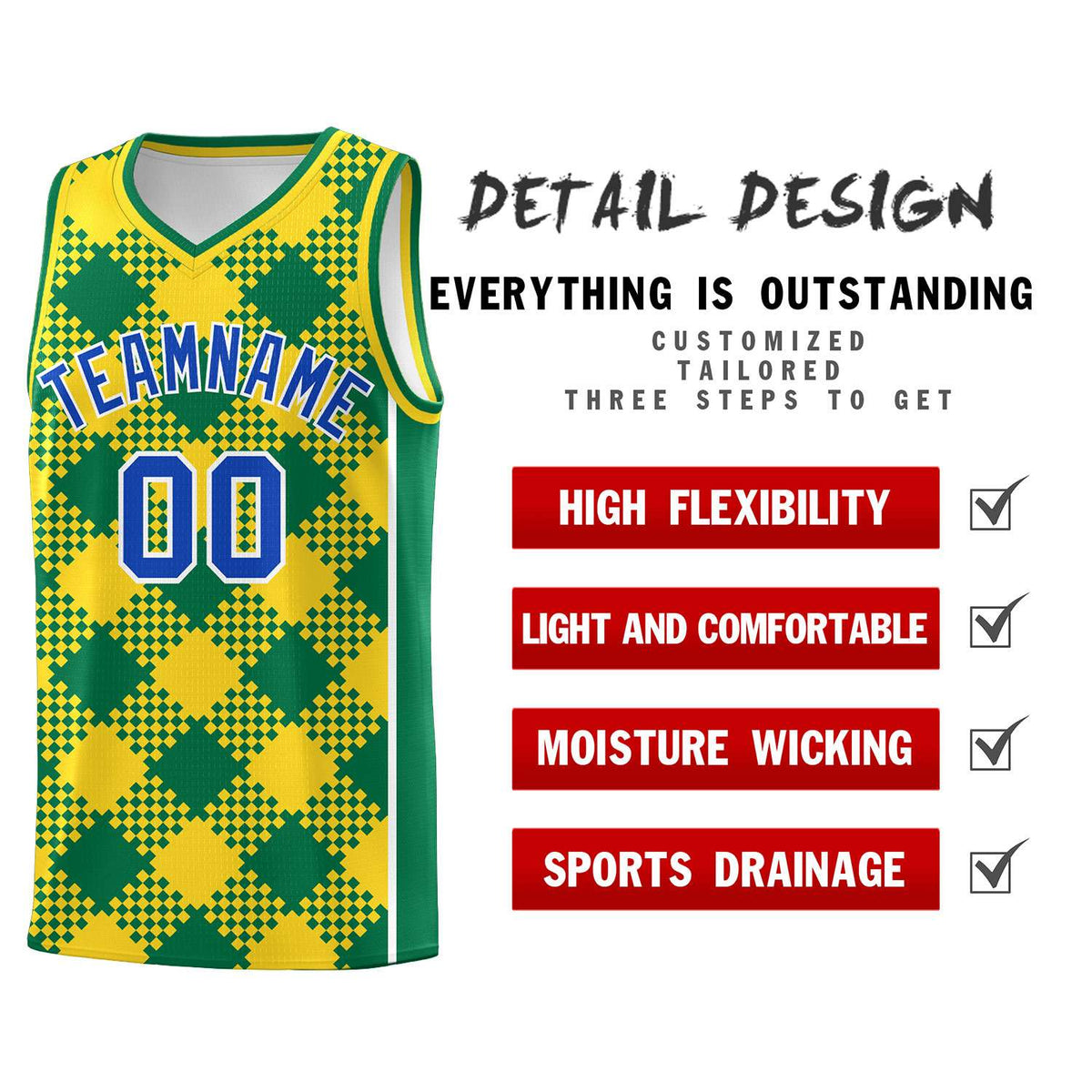 Personalized Gold Kelly Green-White Grid Basketball Kits