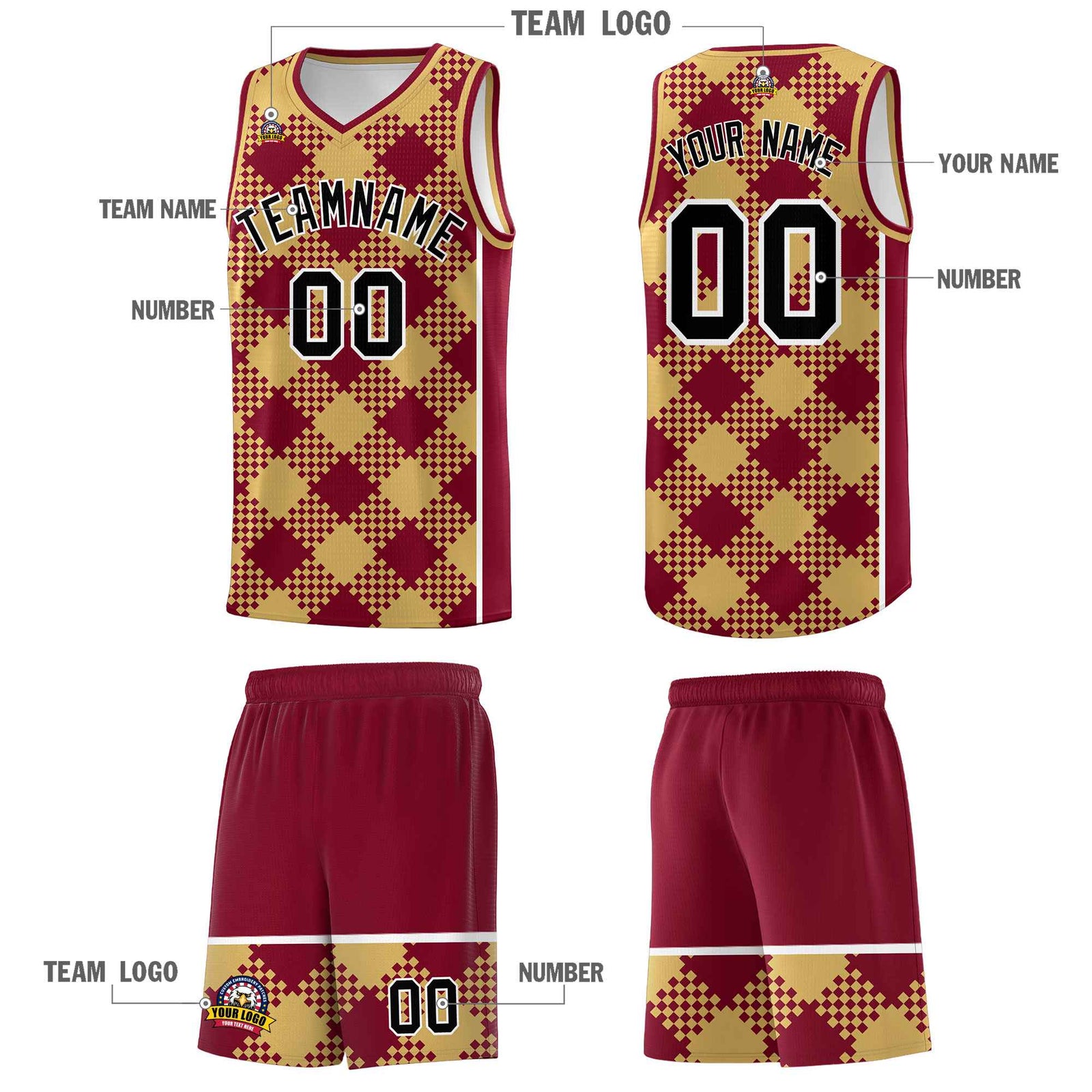 Personalized Old Gold Crimson-White Grid Basketball Kits