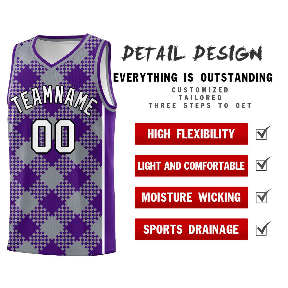 Personalized Gray Purple-White Grid Basketball Kits