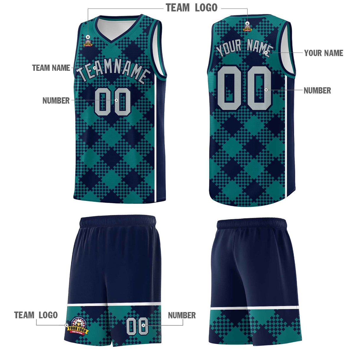 Personalized Teal Navy-White Grid Basketball Kits