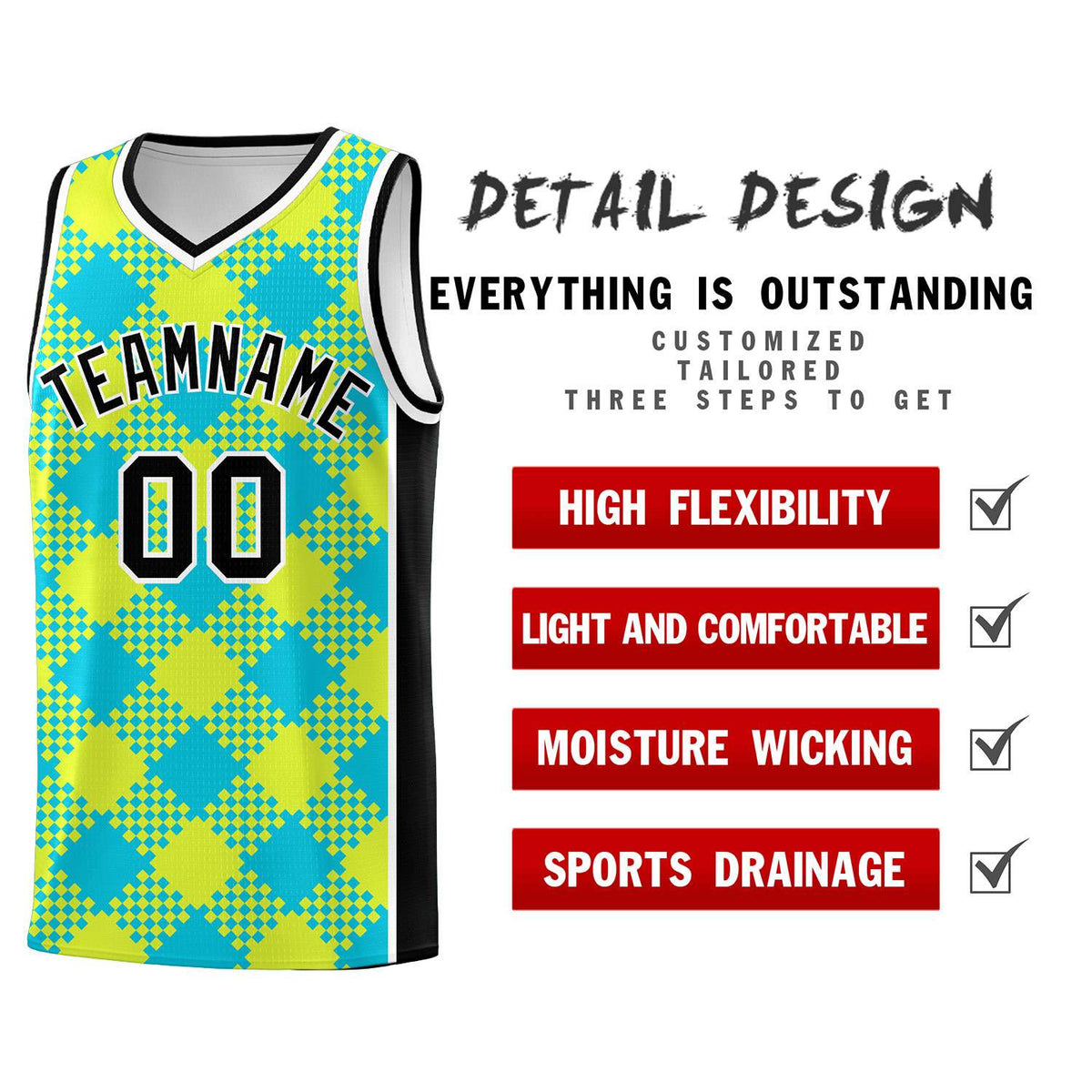 Personalized Sky Blue Fluorescent Green-White Grid Basketball Kits