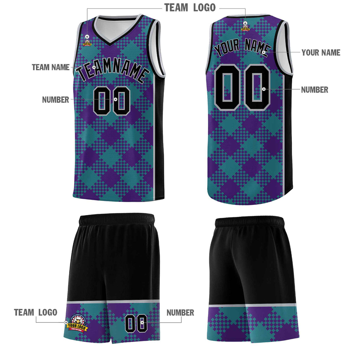 Personalized Purple Teal-Gray Grid Basketball Kits