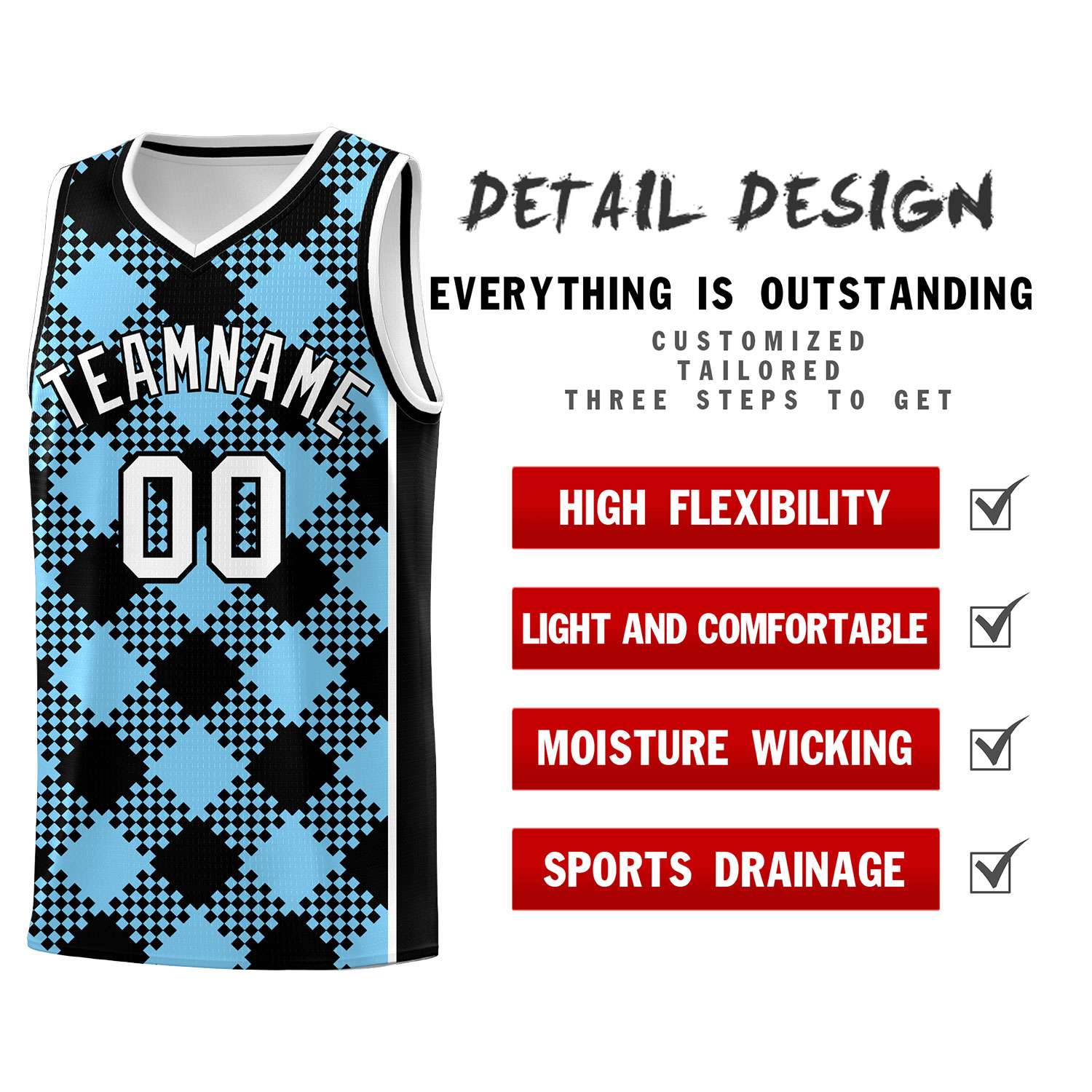 Personalized Light Blue White-Black Grid Basketball Kits