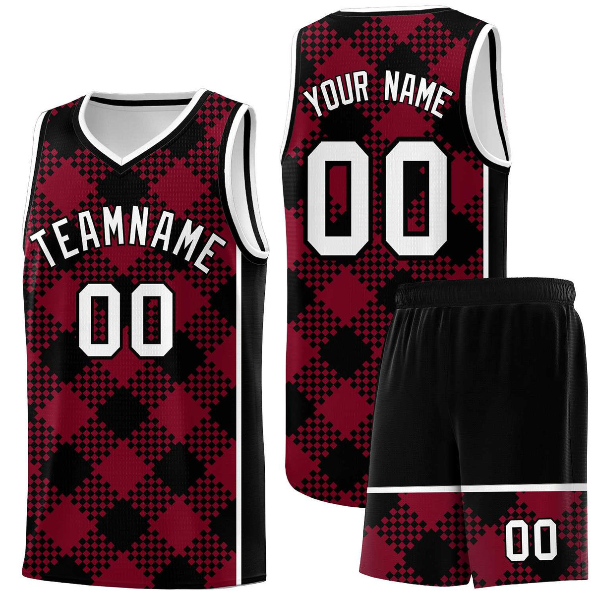 Personalized Crimson Black-White Grid Basketball Kits