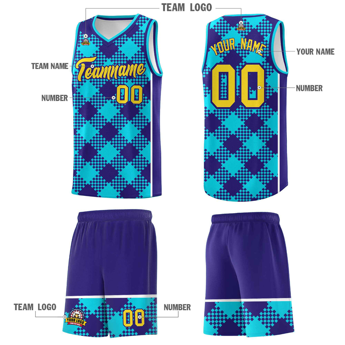 Personalized Royal White-Sky Blue Grid Basketball Kits