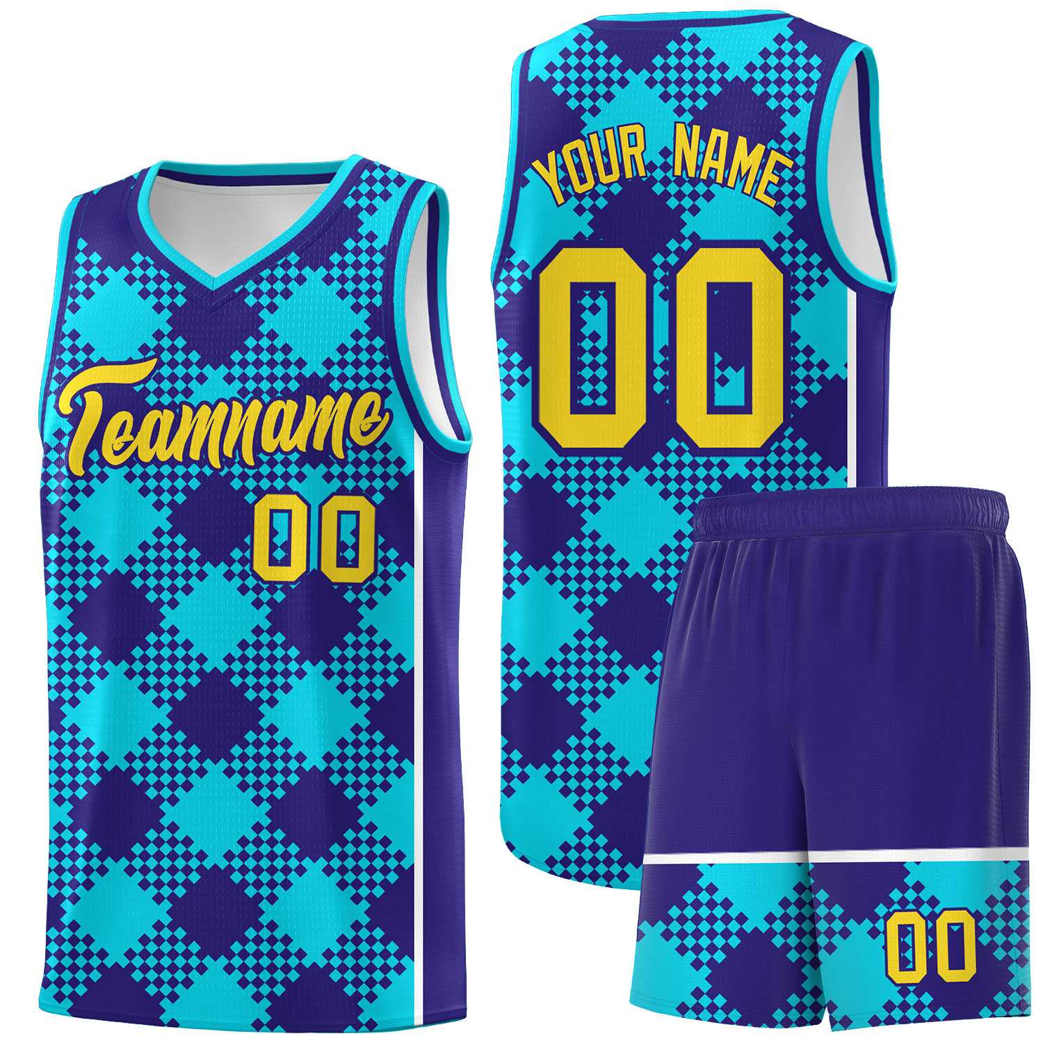 Personalized Royal White-Sky Blue Grid Basketball Kits