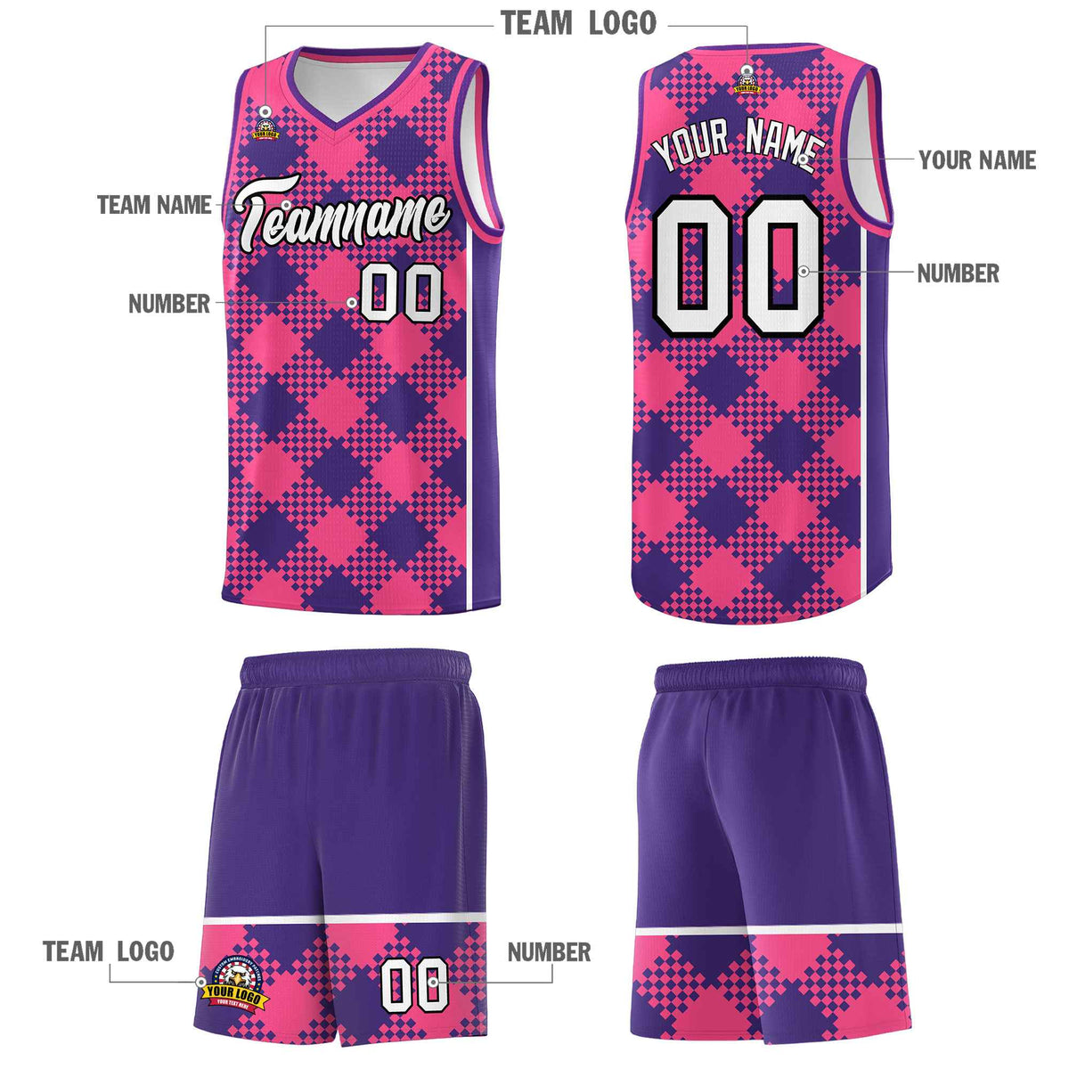 Personalized Purple Pink-White Grid Basketball Kits