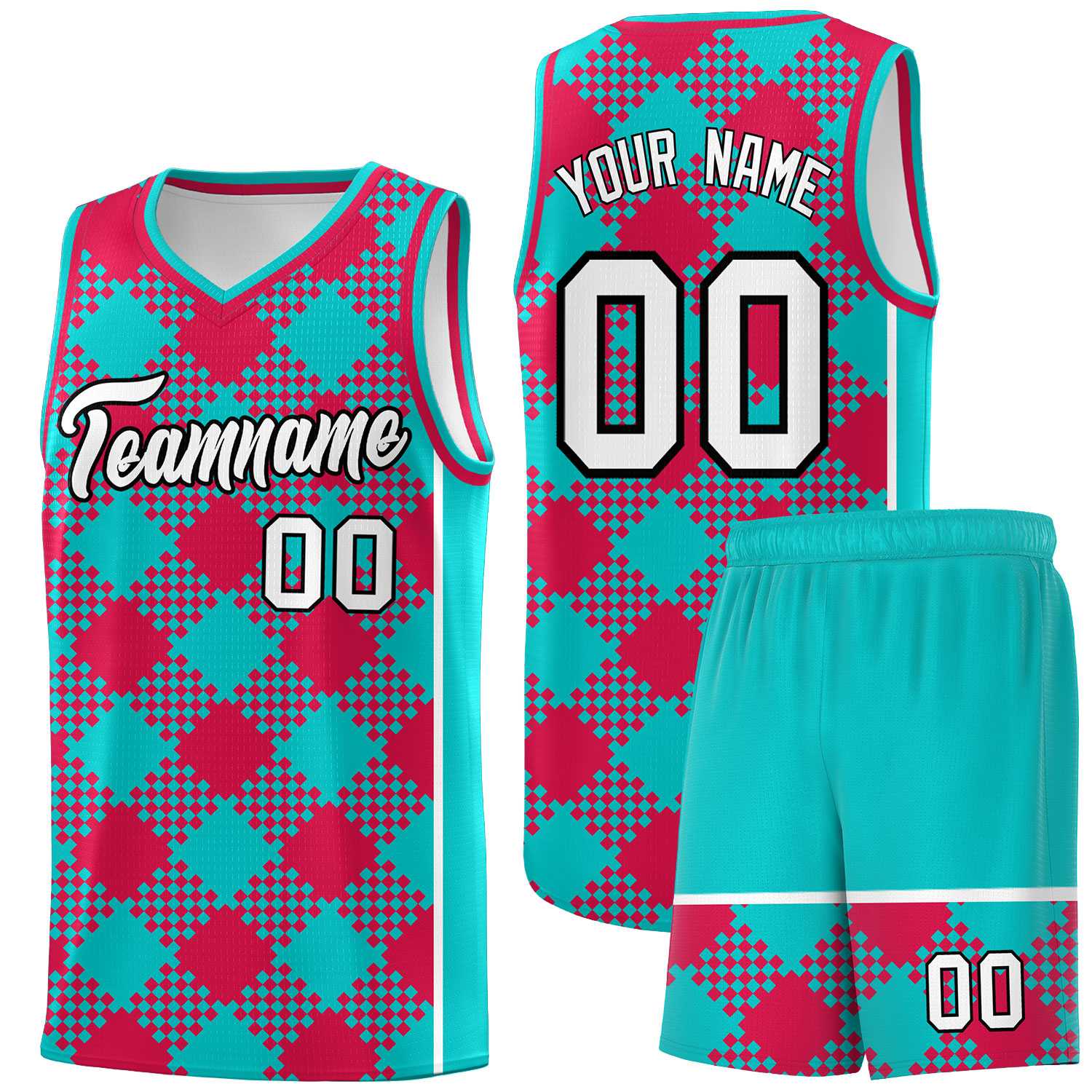 Personalized Aqua Red-White Grid Basketball Kits