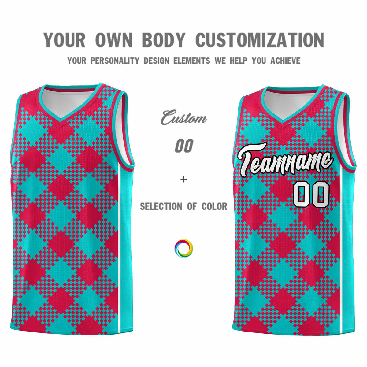 Personalized Aqua Red-White Grid Basketball Kits