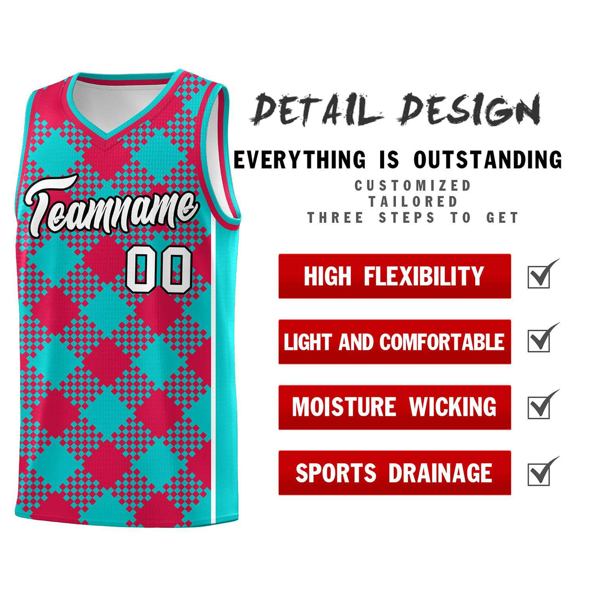 Personalized Aqua Red-White Grid Basketball Kits